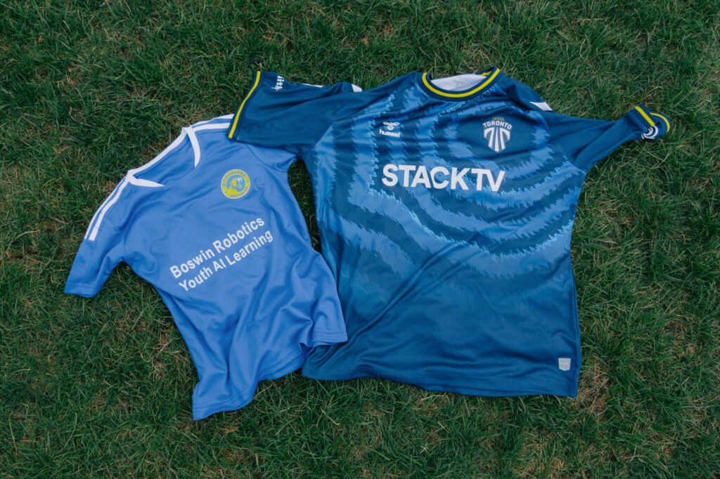 Mississauga United FC and Inter Toronto jerseys displayed together